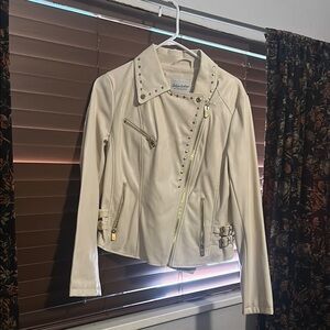 Cream Leather Moto Jacket Asymmetrical Zipper Fitted